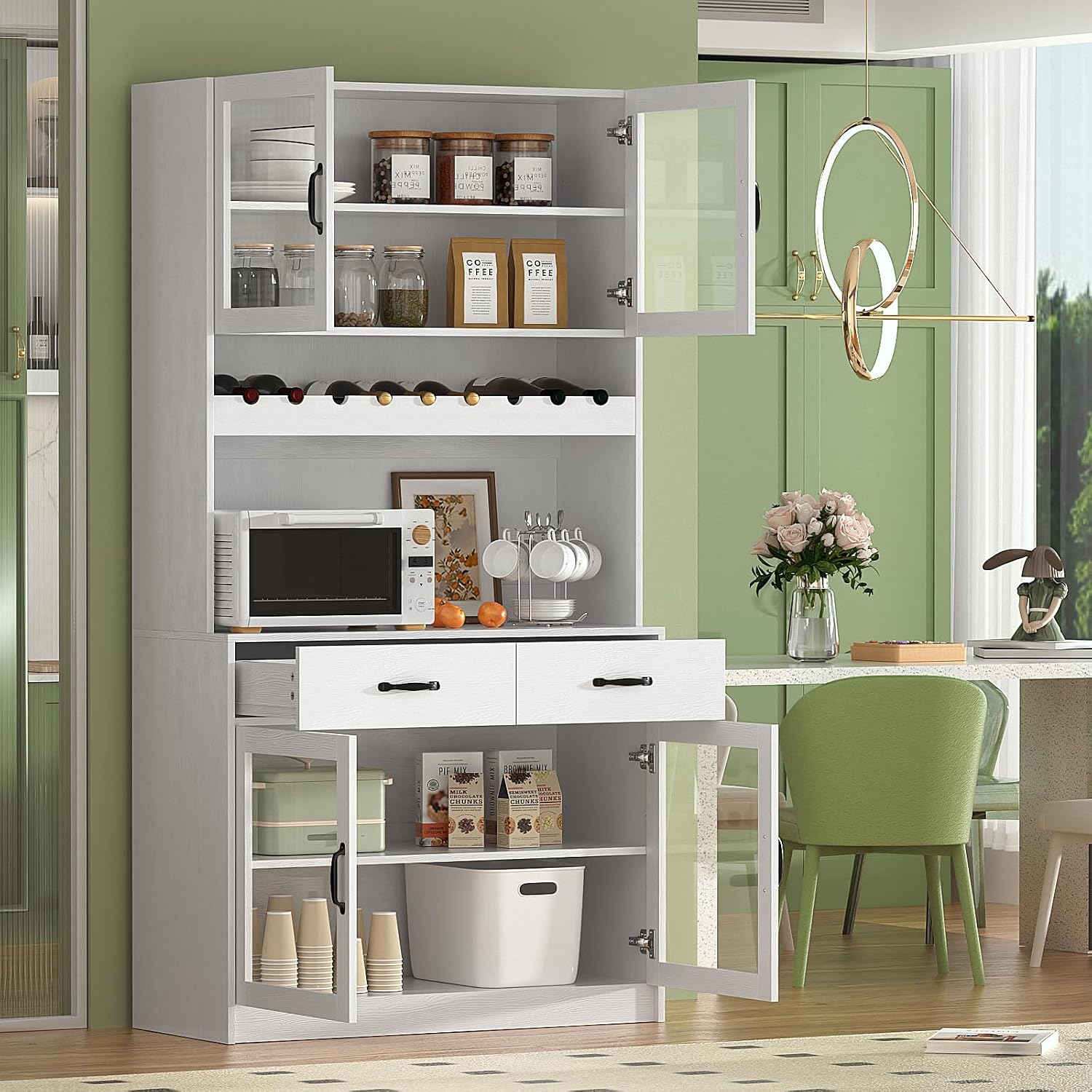 VOWNER 71' Kitchen Pantry Storage Cabinet, Tall Kitchen Hutch Storage Cabinet with 4 Glass Doors and 2 Drawers, Food Pantry with Wine Rack Cupboard for Dinning Room, Living Room