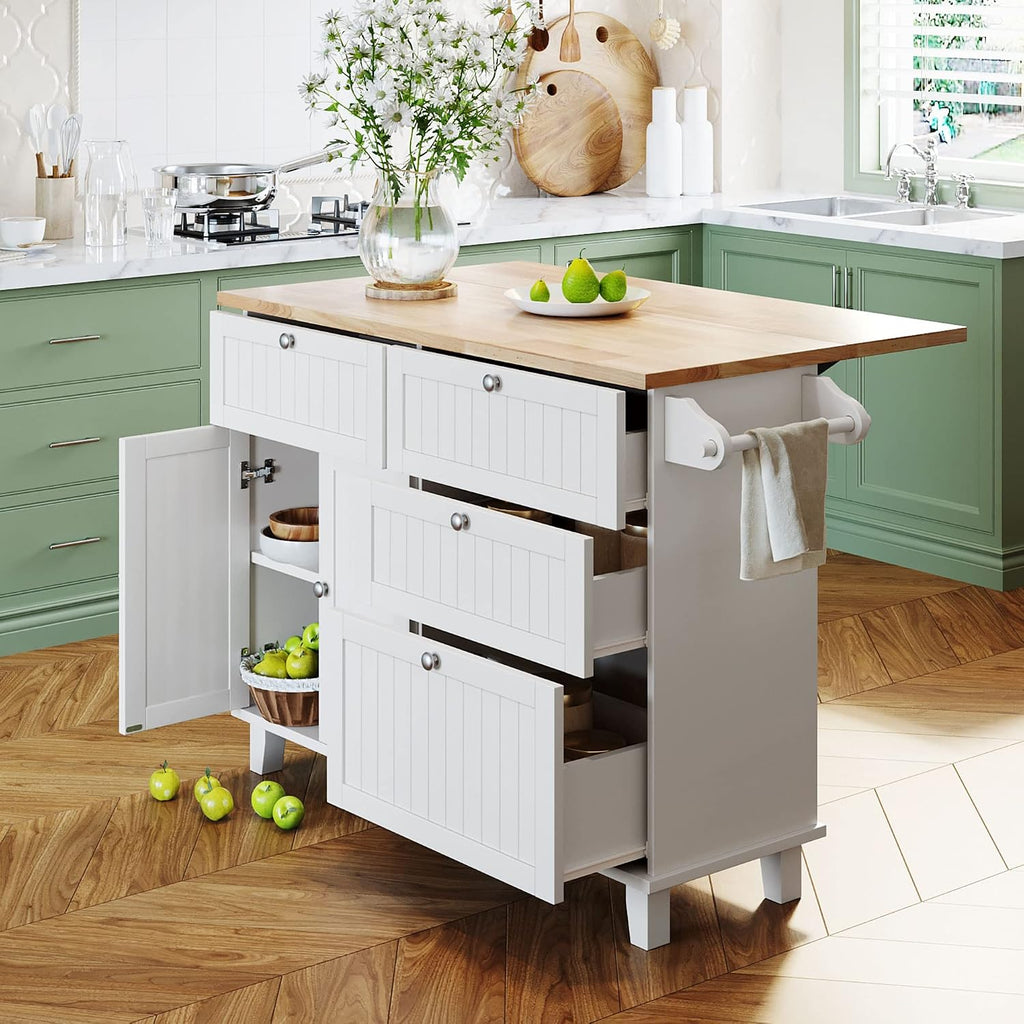 Bellemave 3 Piece Kitchen Bar Table Set Kitchen Island Set with 2 Stools and Drop Leaf, Island Table Set with Seating, Storage Cabinet, Drawers and Towel Rack (White+Rustic Brown)