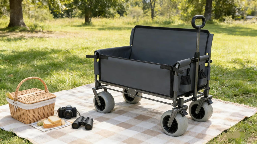 ZeHuoGe 3-in-1 Folding Wagon with Bench Seat – 500lbs Capacity, 9'x4' Beach Tires for Camping & Beach (Gray)