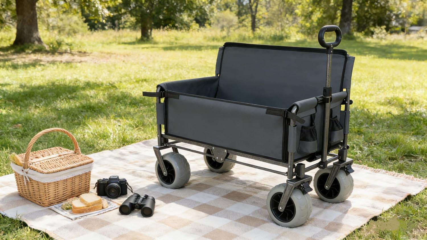 ZeHuoGe 3-in-1 Folding Wagon with Bench Seat – 500lbs Capacity, 9'x4' Beach Tires for Camping & Beach (Gray)