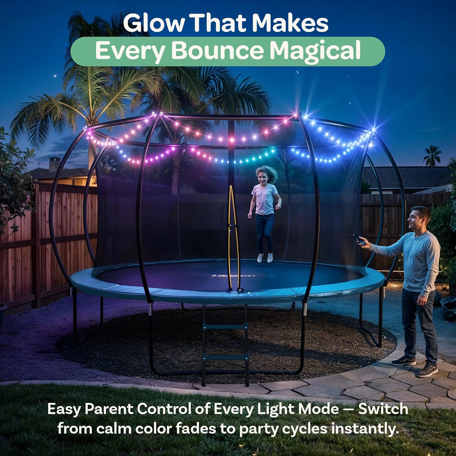 JoyBerri Trampoline Outdoor - Upsurge ASTM Certified Safe 8Ft 10Ft 12Ft 14Ft 15Ft 16Ft Recreational Trampoline for Kids and Adults. Anti-Rust Coating with Enclosure Net, Ladder, Sprinkler & LED Lights