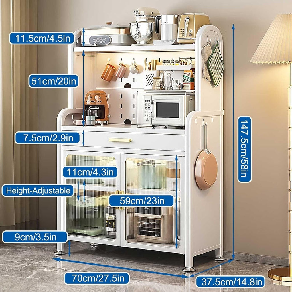 5-Tier Black Kitchen Bakers Rack with Adjustable Shelves, Drawer, Pegboard & Microwave Stand – Free Standing Utility Storage Cabinet, 147.5×80cm(Black,147.5x70cm/58x27.5in)