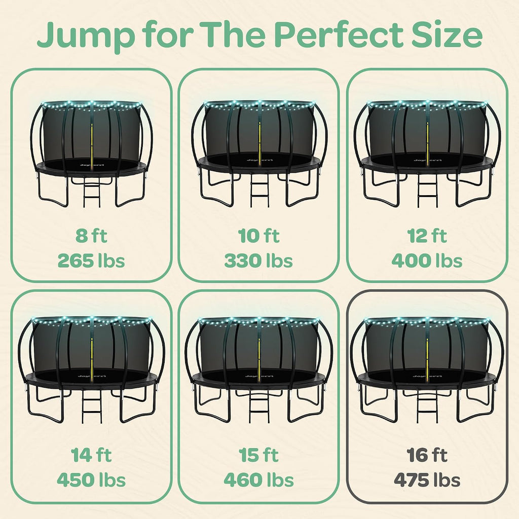 JoyBerri Trampoline Outdoor - Upsurge ASTM Certified Safe 8Ft 10Ft 12Ft 14Ft 15Ft 16Ft Recreational Trampoline for Kids and Adults. Anti-Rust Coating with Enclosure Net, Ladder, Sprinkler & LED Lights