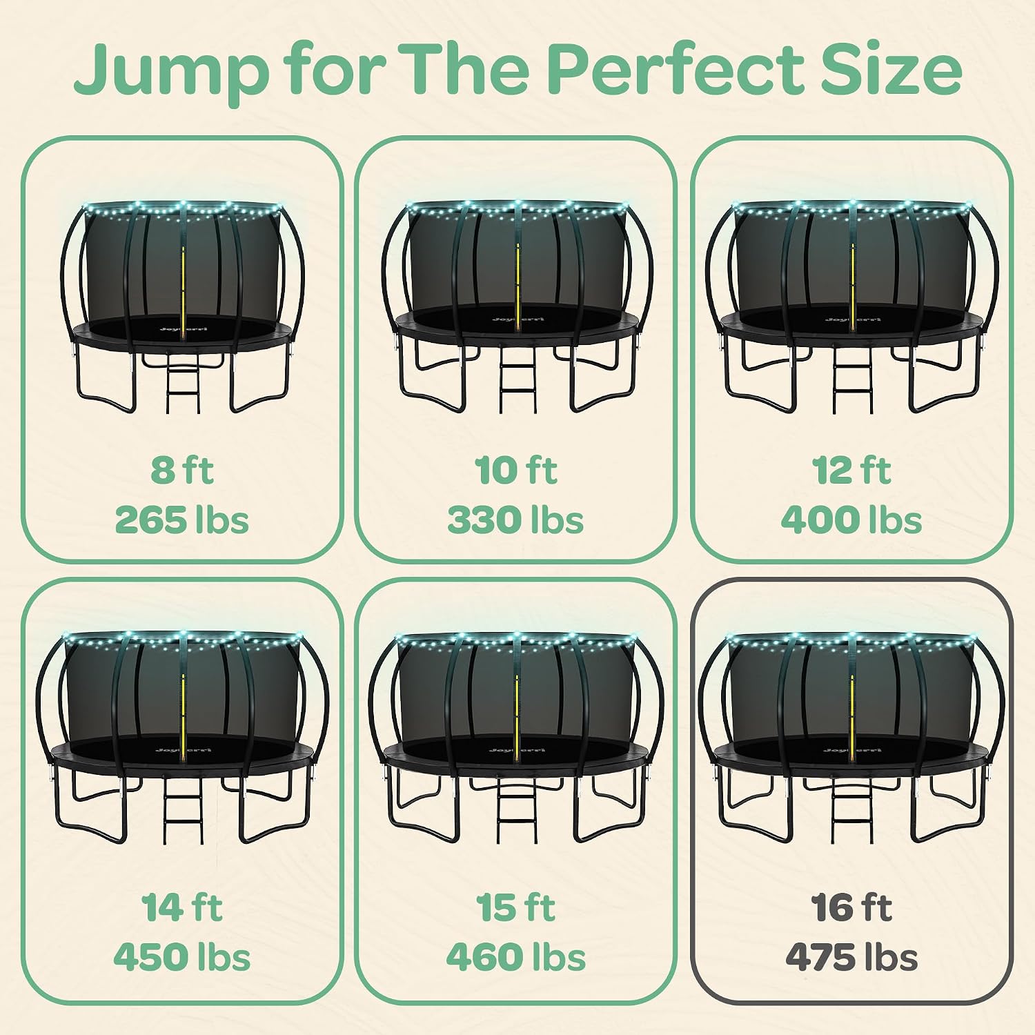 JoyBerri Trampoline Outdoor - Upsurge ASTM Certified Safe 8Ft 10Ft 12Ft 14Ft 15Ft 16Ft Recreational Trampoline for Kids and Adults. Anti-Rust Coating with Enclosure Net, Ladder, Sprinkler & LED Lights