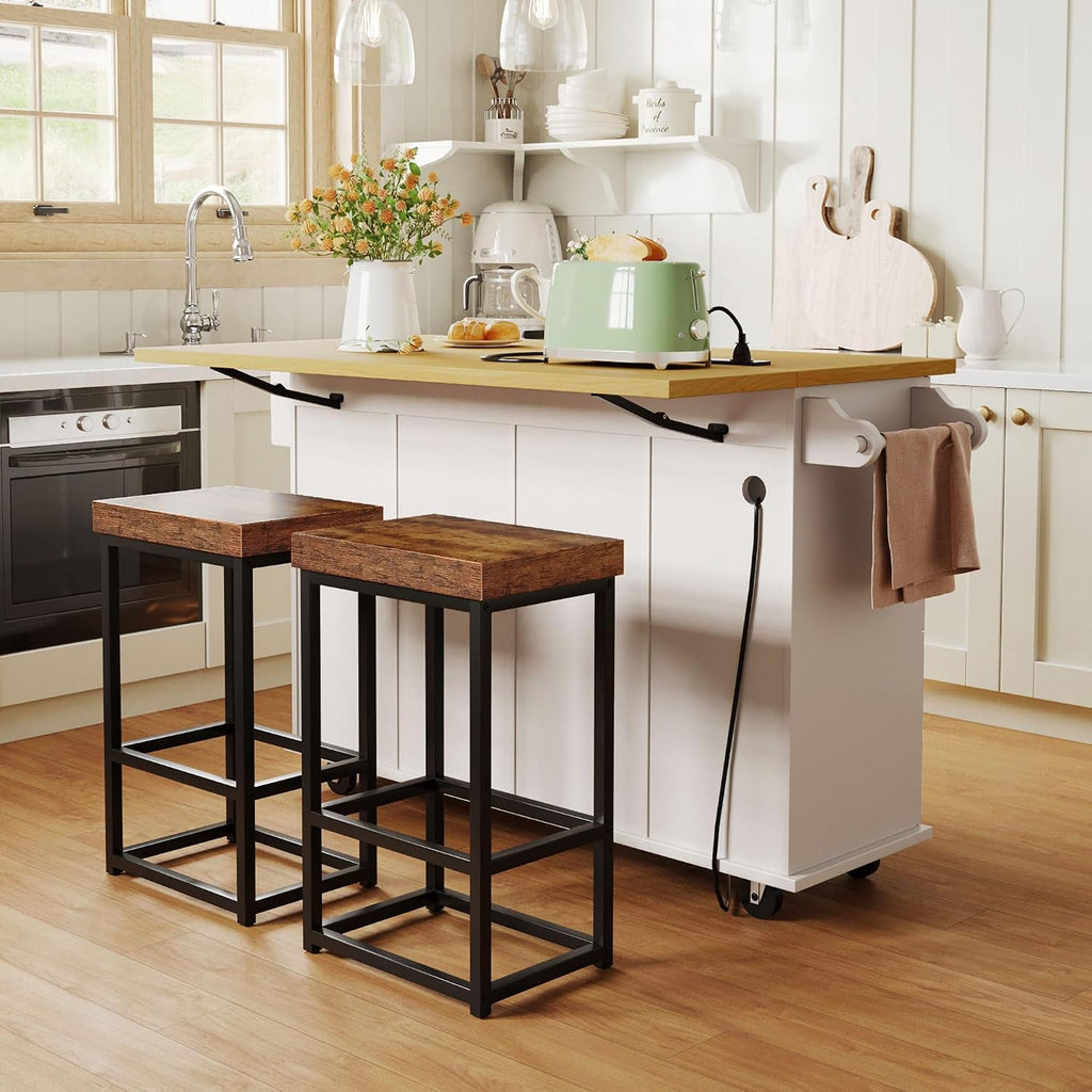 Bellemave Farmhouse Kitchen Island on Wheels with 11.8inch Drop Leaf, 2 Stools, Power Outlet,Kitchen Cart with Storage Cabinet, 2 Drawers, Door Shelves and Towel Rack(White)