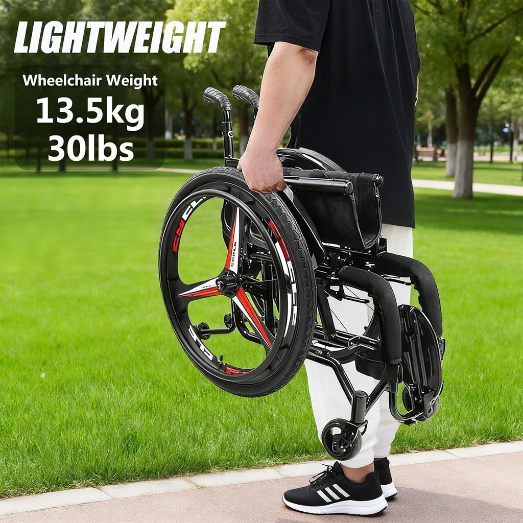 Portable All-Terrain Ultra Lightweight Sports Wheelchair,Foldable Self Propelled Aluminum Alloy Manual Wheel Chair,Transport Wheelchairs With Anti-Tipper,Load Capacity 220 Lbs(Size:42cm/16.5in,Color:B