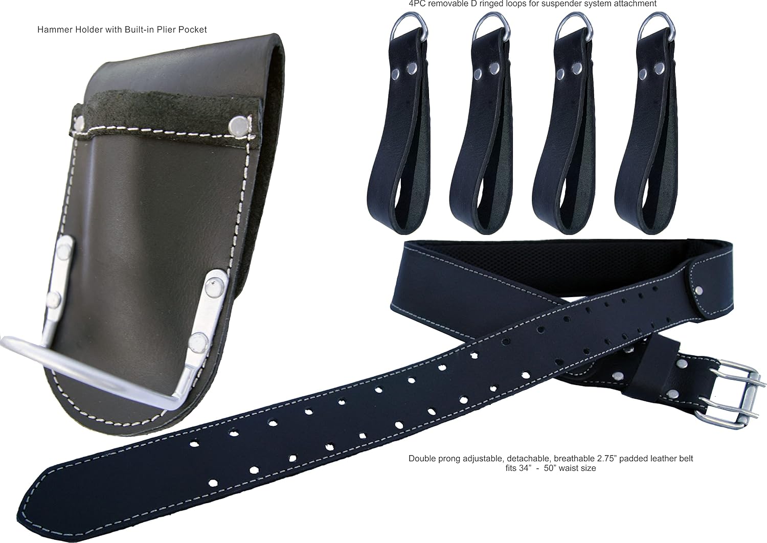 PRO-19 Genuine Grain Leather Multi Pockets Construction Tool Rig, Carpenter Tool Belt, 2 Leather Tool Pouches, Pro Style Tool Belt for Framers, Handyman, Drywall & Roofers (BLACK, Full Size)