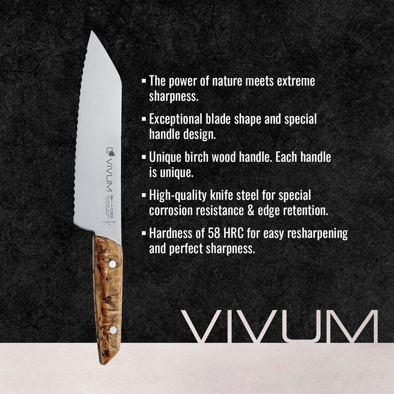F. DICK – VIVUM Allround Knife – Universal Knife with scalloped edge - 7' blade & 58 HRC - all foods with a hard crust or shell - Stainless steel - Ultra sharp - Birchwood handle – Made in Germany