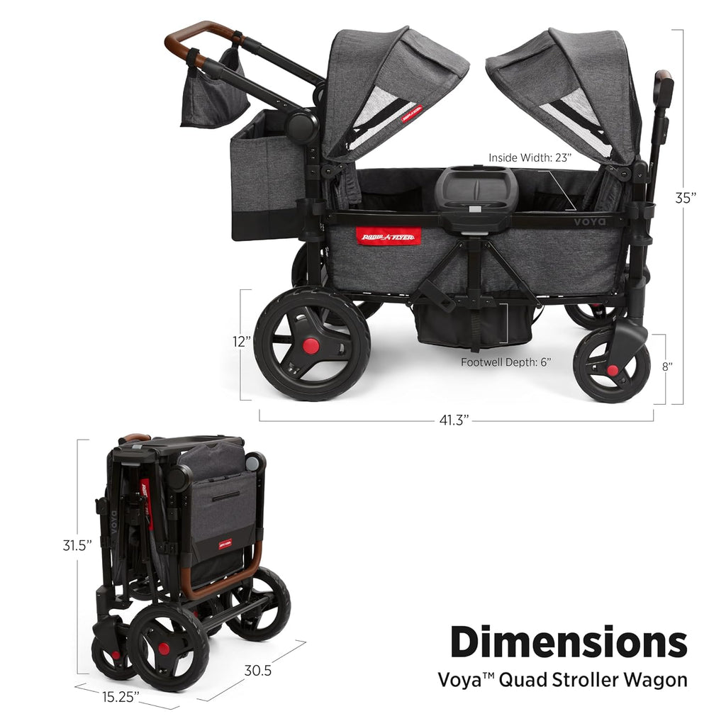 Radio Flyer Voya Quad Stroller Wagon, for Toddlers and Kids 6+ Months, Push or Pull, 4 Seats, Dual Sun Canopies, Compact Fold, Lightweight, Storage Space, 5-Point Harnesses, Stroller Wagon for Kids