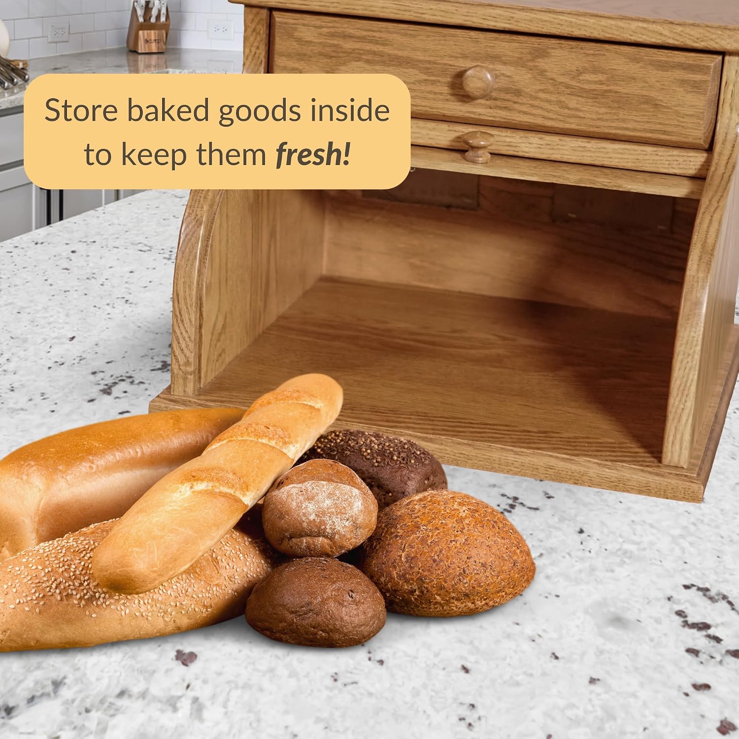 DutchCrafters Amish USA Made Solid Wood Countertop Bread Box with Drawer, Bread Holder for Kitchen Counter, Large Bread Box for Kitchen Countertop (Oak - Medium Walnut)