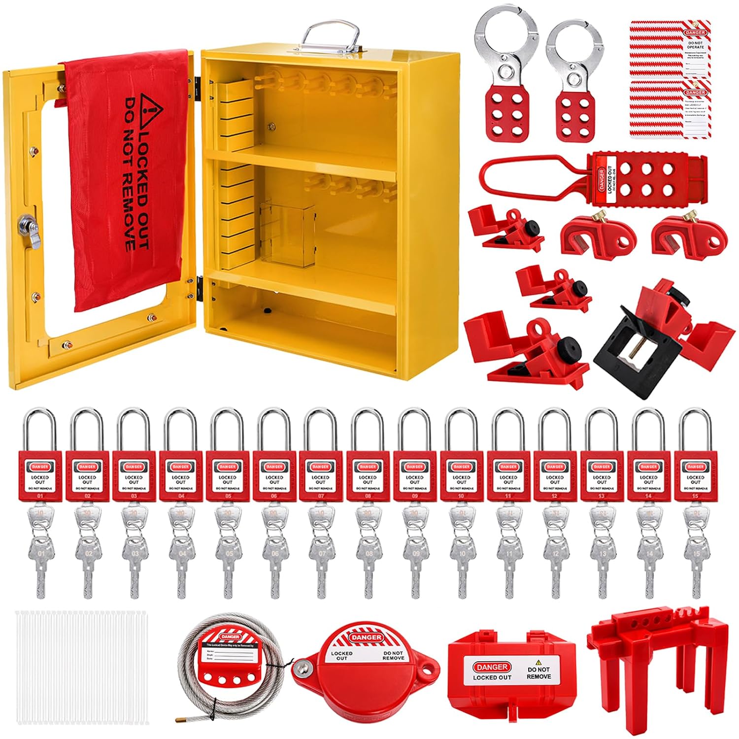 Frcctre Lockout Tagout Station, 80 Pcs Electrical Safety Loto Kit Includes Safty Padlock, Lockout Hasp, Tags,Ties, Circuit Breaker Lock, Ball Valve Lock, Electrical Plug Lock, Steel Cable Lock