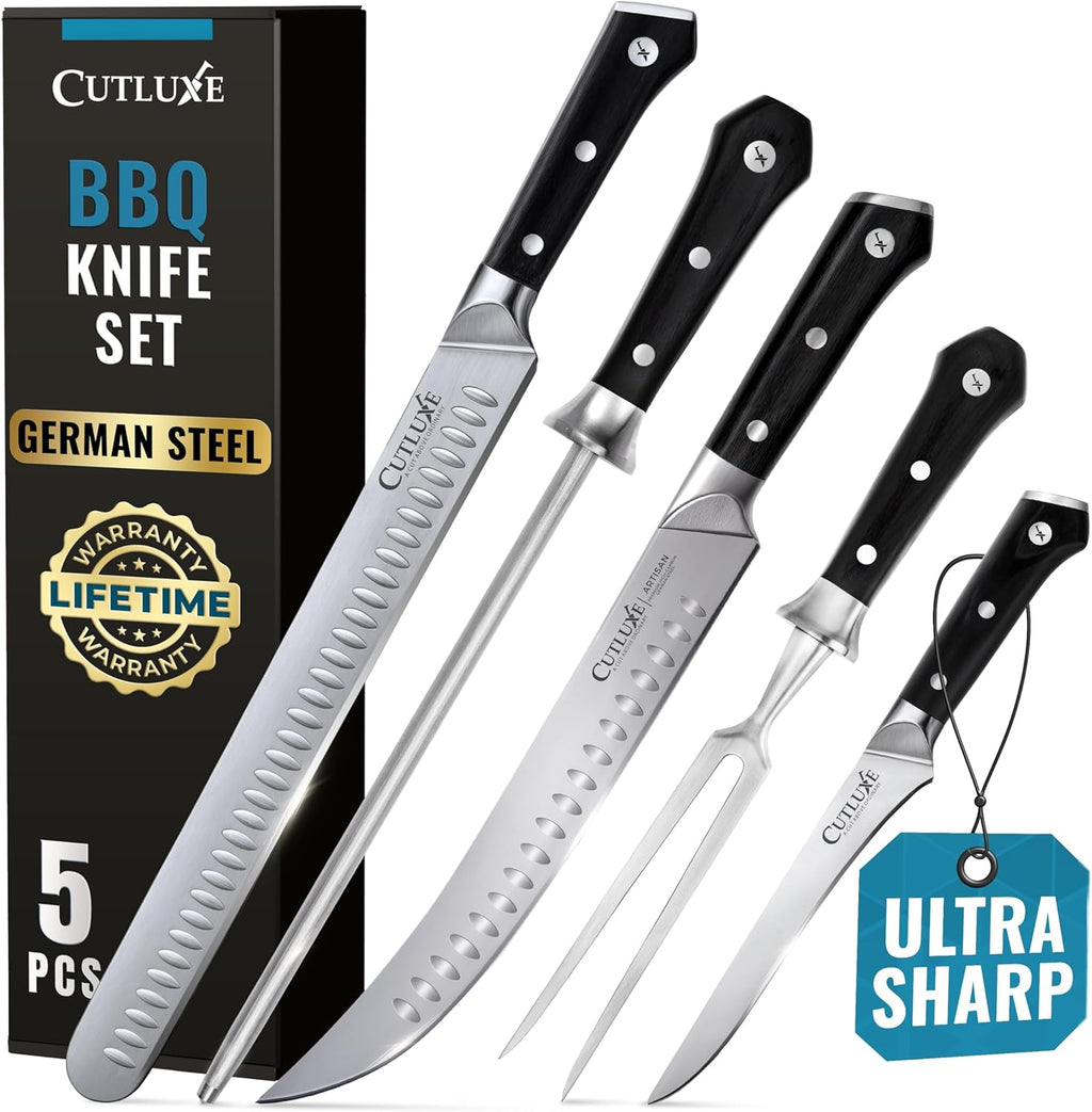 Cutluxe 5-Piece Butcher Knife Set – Slicing Carving Knife Set for Meat Cutting, Ultra Sharp German Steel, Full Tang, Ergonomic Handles – Artisan Series