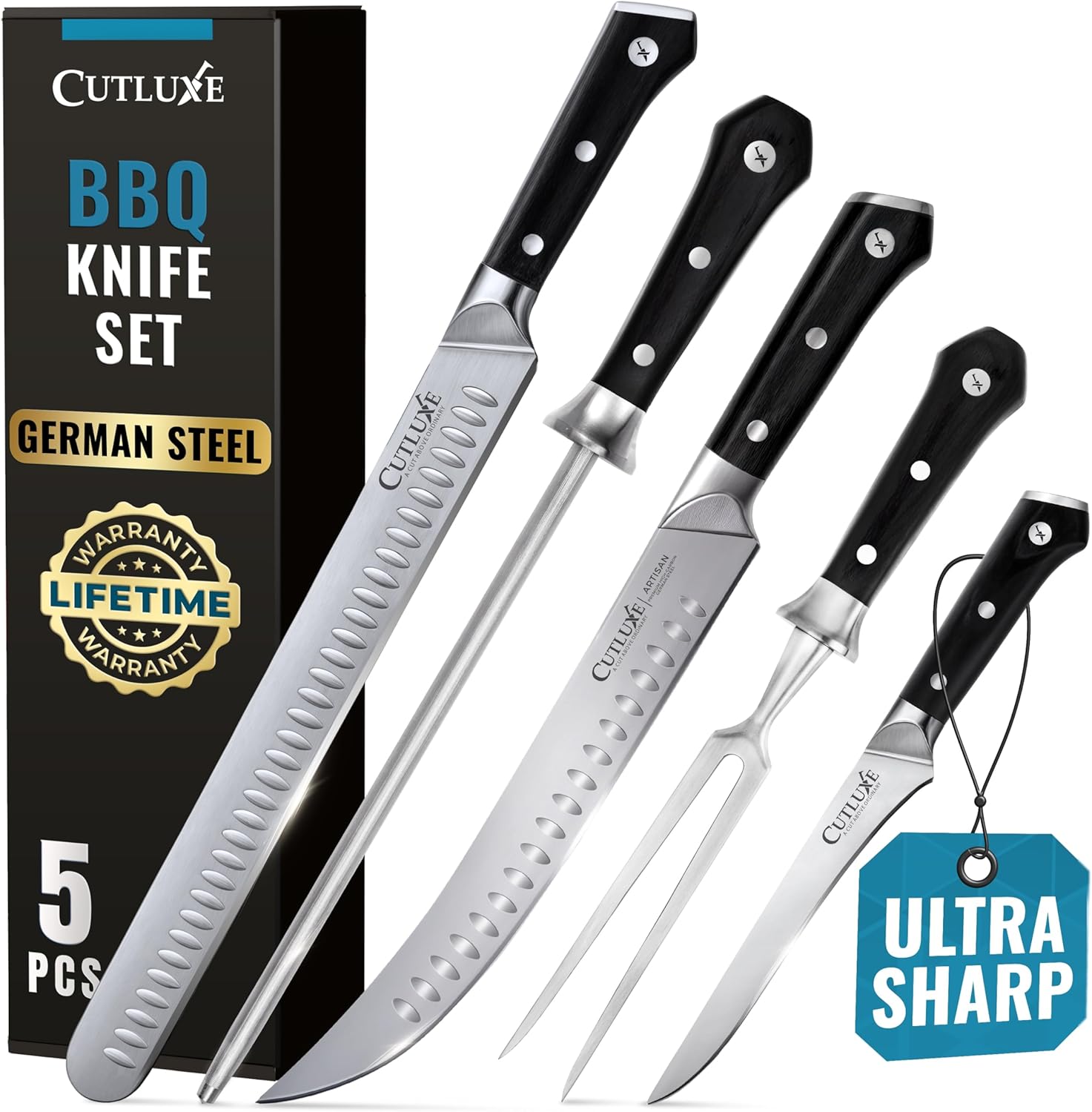 Cutluxe 5-Piece Butcher Knife Set – Slicing Carving Knife Set for Meat Cutting, Ultra Sharp German Steel, Full Tang, Ergonomic Handles – Artisan Series