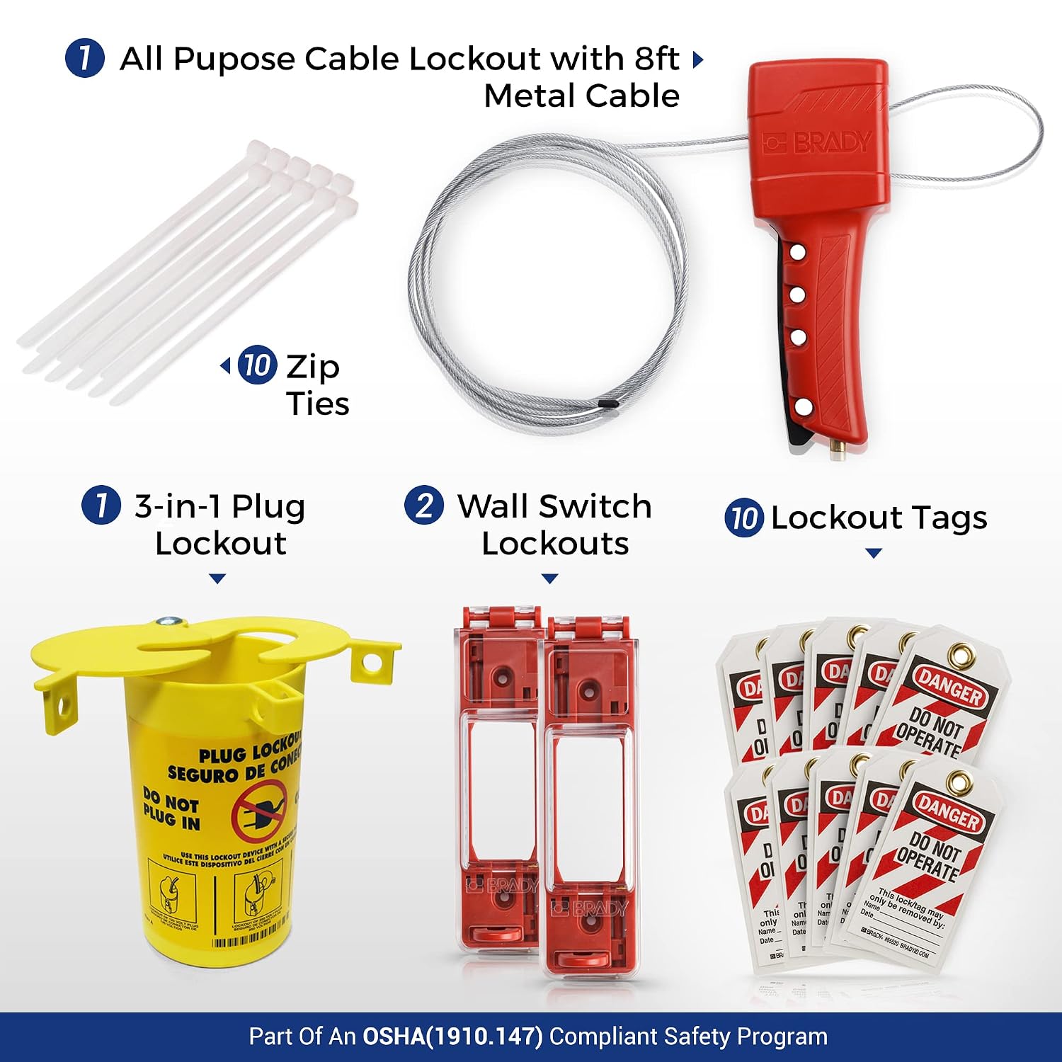 BRADY Lockout Tagout Station with Loto Devices. 6 Keyed Alike Safety Locks, 4 Hasps, Clamp on, Multipole Circuit Breaker Lockouts, Plug Lockout, Cable Lockout 20 Loto Tags. Safety Supply - 153686