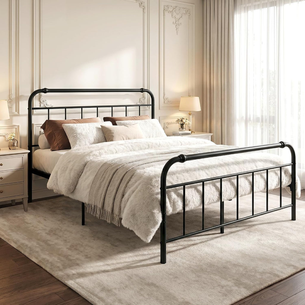 Full Size Metal Bed Frame, Vintage Iron-Art Headboard & Footboard, Heavy-Duty Iron Platform Bed (No Box Spring), Easy Assembly,Noise-Free Design, Matte Black
