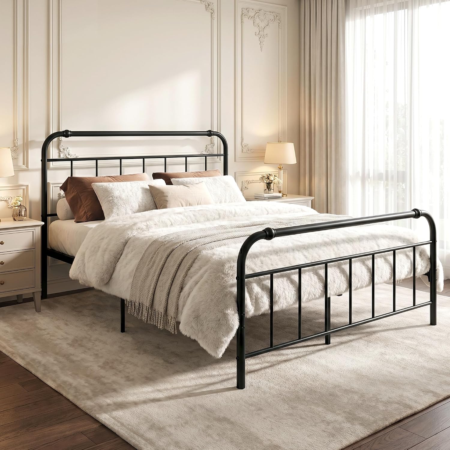 Full Size Metal Bed Frame, Vintage Iron-Art Headboard & Footboard, Heavy-Duty Iron Platform Bed (No Box Spring), Easy Assembly,Noise-Free Design, Matte Black