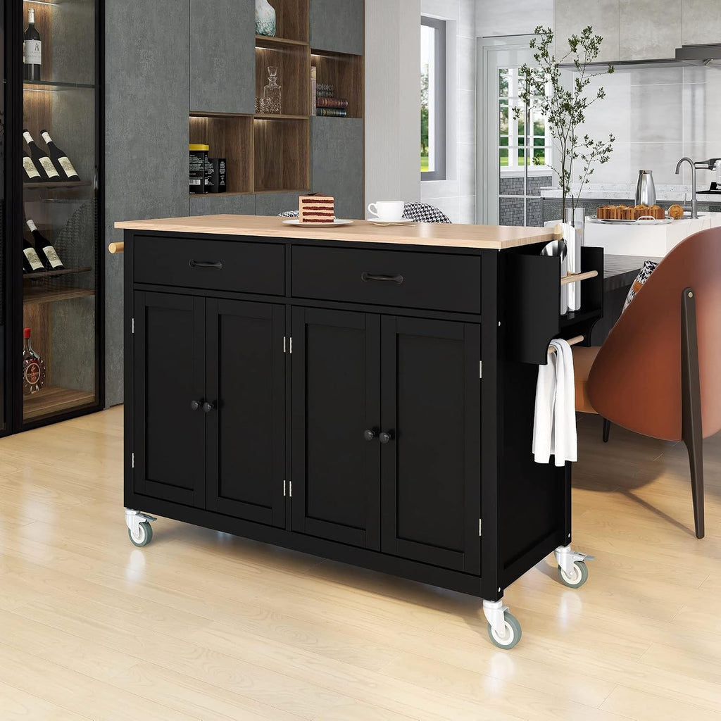 Merax 54.3' Width Kitchen Island with Storage, Rolling Kitchen Storage Islands with 4 Door Cabinet & 2 Drawers, Kitchen Cart with Solid Wood Top, Lockable Wheels, Spice Rack, and Towel Rack, Black