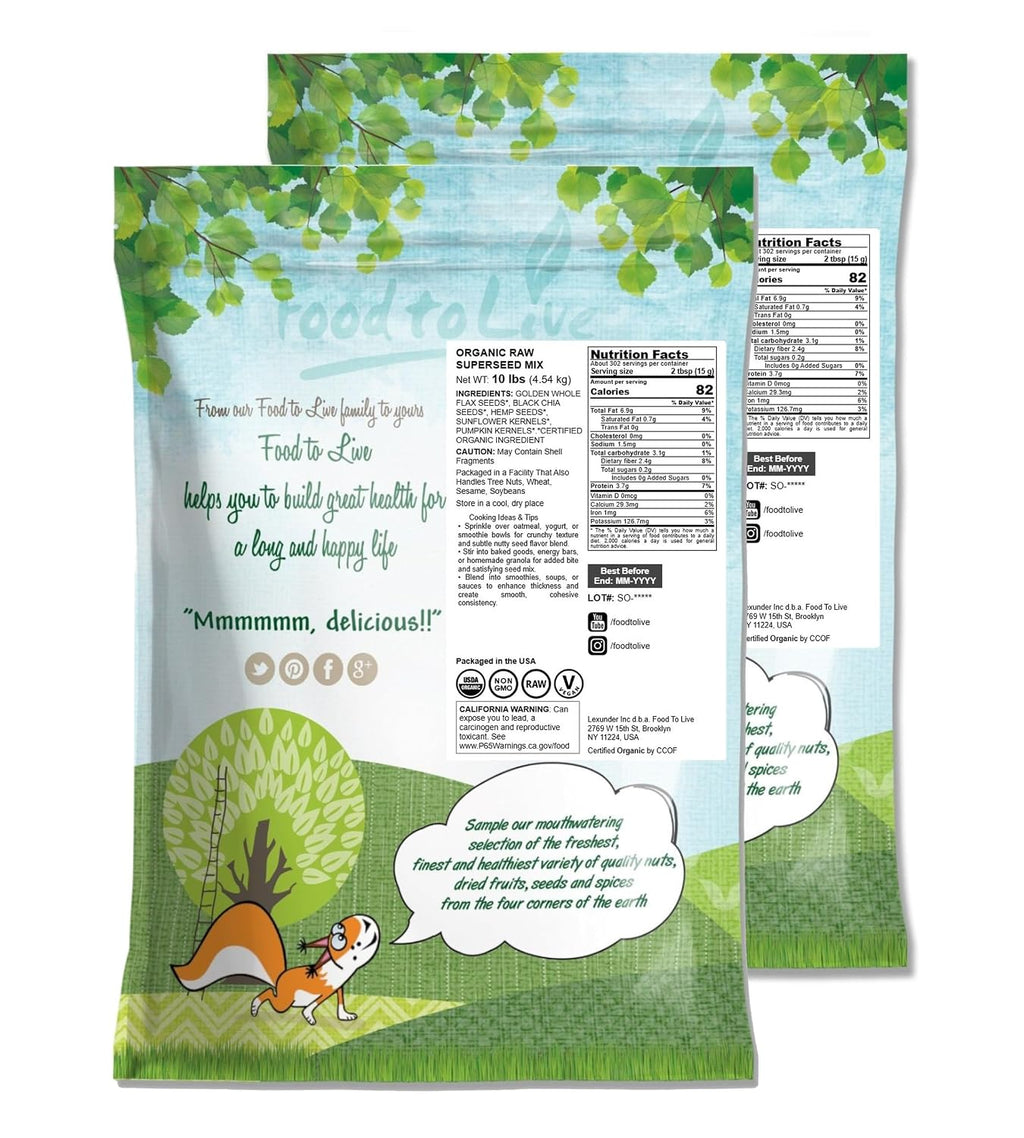 Food to Live - Organic Raw Superseed Mix- Chia, Flax, Hemp, Pumpkin, and Sunflower, 20 Pounds — Non-GMO Whole Seeds Blend, Vegan, Kosher, Raw, Bulk