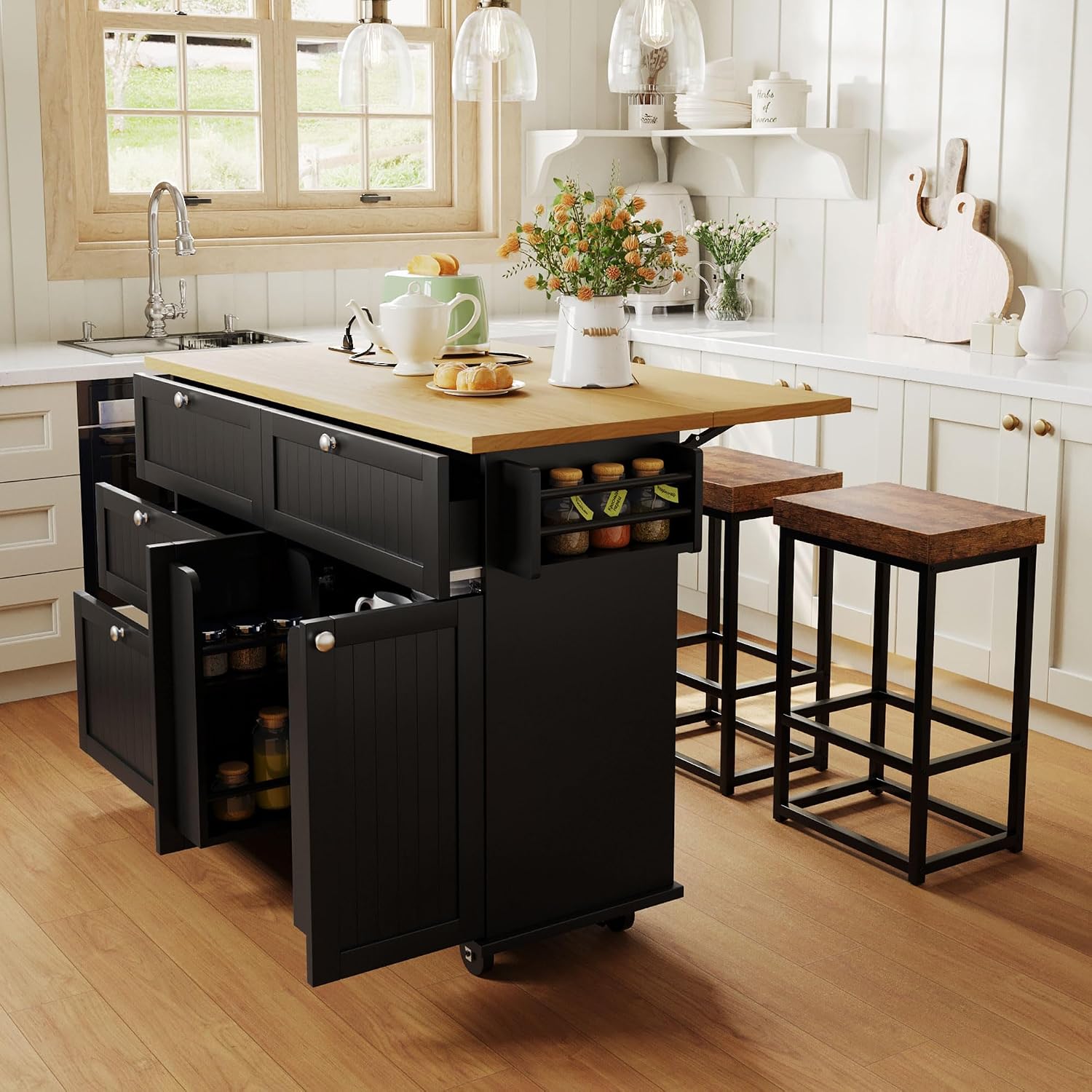 Bellemave Farmhouse Kitchen Island on Wheels with 11.8inch Drop Leaf, 2 Stools, Power Outlet,Kitchen Cart with Storage Cabinet, 2 Drawers, Door Shelves and Towel Rack(Black)