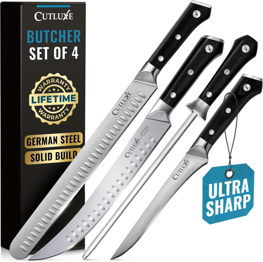 Cutluxe Butcher Knife Set – BBQ Brisket, Breaking and Boning Knives, Honing Rod – Carving Knife Set for Meat Cutting, Ultra Sharp German Steel, Full Tang, Ergonomic Handles – Artisan Series