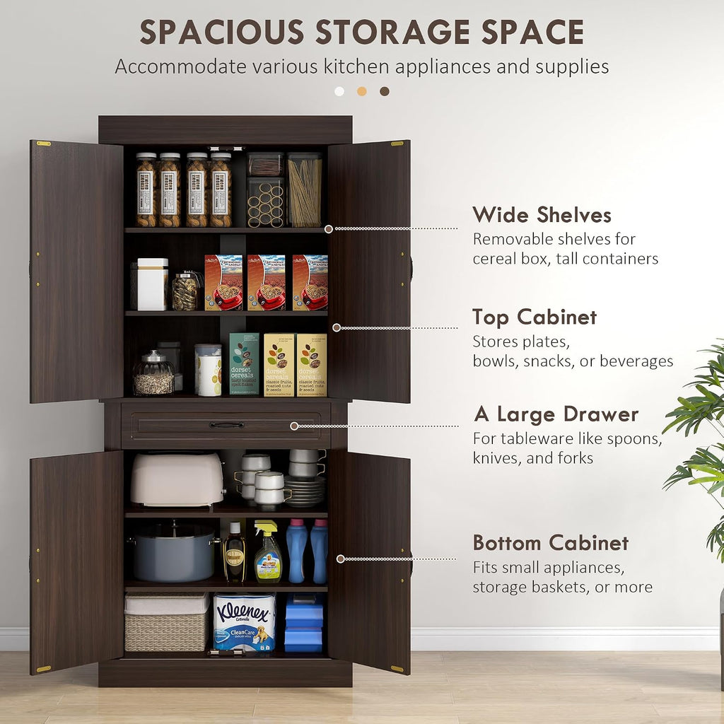 71' 4-Door Freestanding Storage Cabinet, Kitchen Storage Bakers Rack with Wide Drawer, Utility Food Cupboard with Anti-Tipping Design for Kitchen, Coffee
