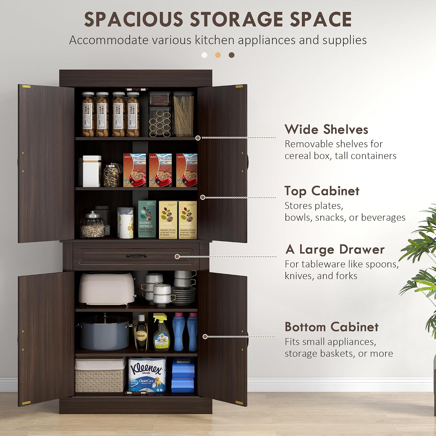 71' 4-Door Freestanding Storage Cabinet, Kitchen Storage Bakers Rack with Wide Drawer, Utility Food Cupboard with Wood Grain for Kitchen/Dining/Office, Coffee