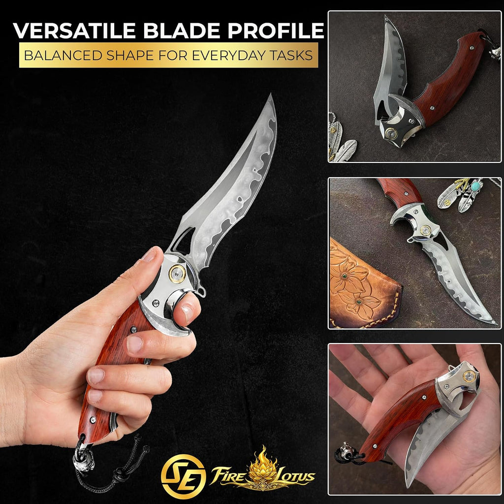 SliceElite Fire Lotus Precision Premium Folding Knife Japanese Sanmai Steel Blade Cocobolo Wood Handle Smooth Action EDC Pocket Knife Fathers Day Gift For Men Luxury Collector Heirloom Craftsmanship