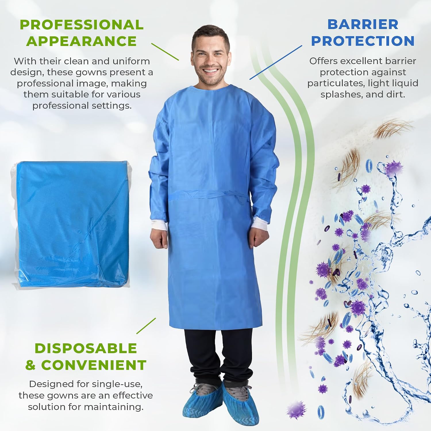 AMZ Medical Supply Disposable Isolation Gowns, 2X-Large Blue, Pack of 30, 50 GSM Non-Woven Polypropylene, Long Sleeves, Knit Cuffs, Neck and Waist Ties, Unisex