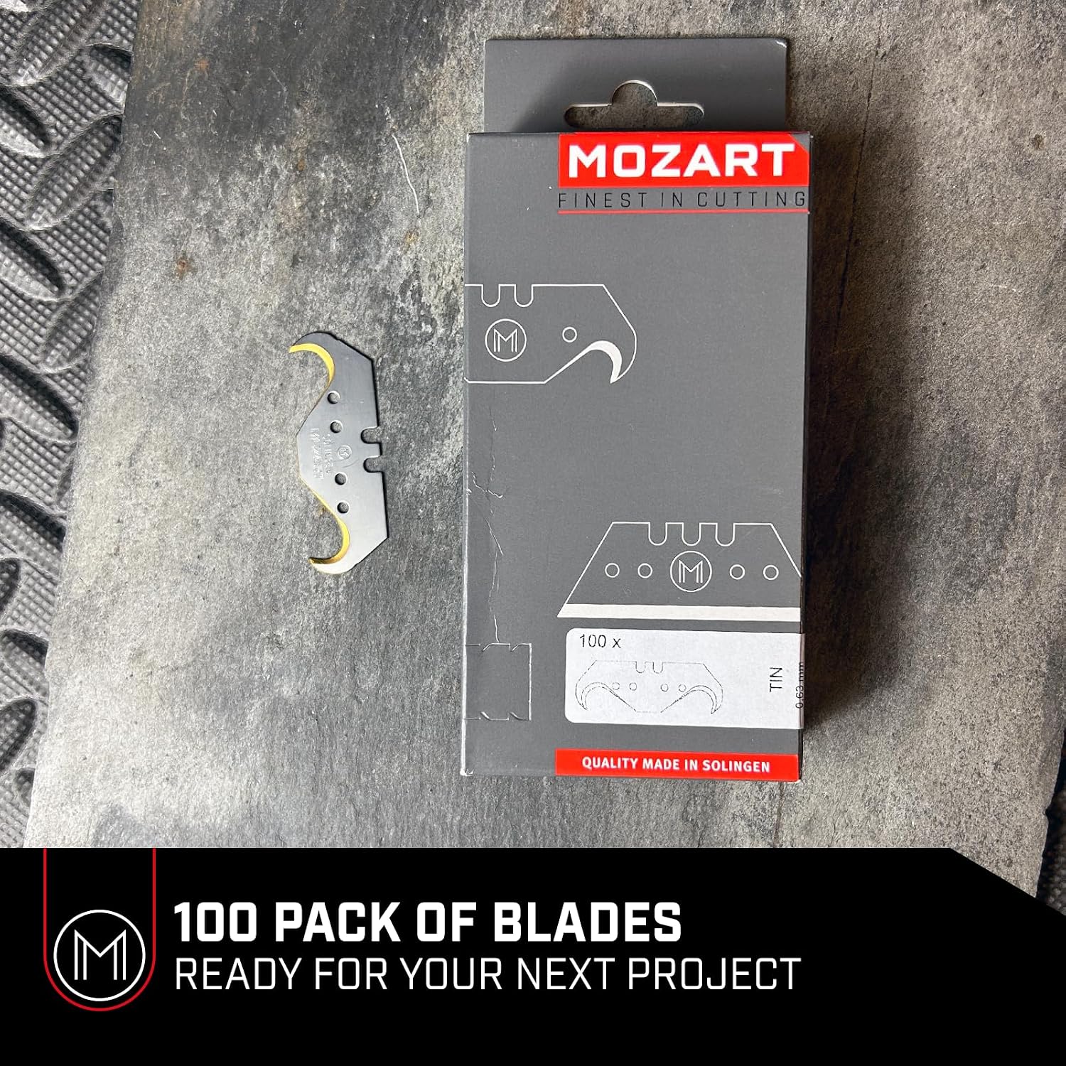 Mozart Universal TiN Super Hook Blade: RC65 High-Carbon Steel, Titanium Nitride coating. Ideal for roofing, flooring, drywall, and more. Made in Germany. (100 Pack)
