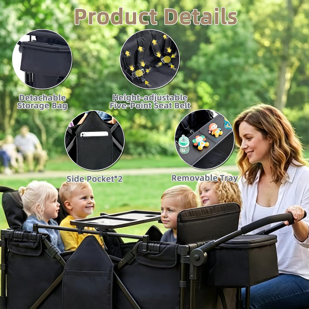 Stroller Wagon for 4 Kids, 4 Seater Wagon Stroller with Convertible Seats Footrests, Snack Tray, Storage Bag, Removable Canopy, Wagon Stroller 4 Seater with Double Push Handle (Black-Convertible)