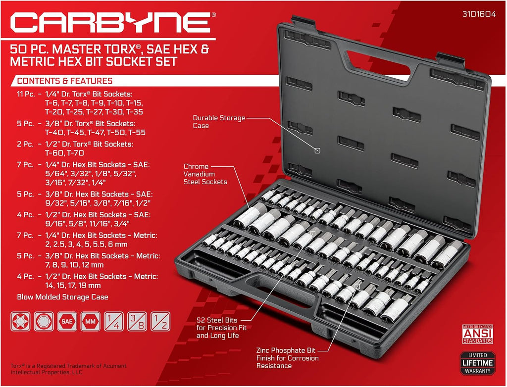 CARBYNE 50-Piece Master Torx and Allen Bit Socket Set S2 Steel SAE and Metric Hex and Star Bit Sockets 1/4 in 3/8 in and 1/2 in Drive Torx T6 to T70 for Automotive and Motorcycle Repair