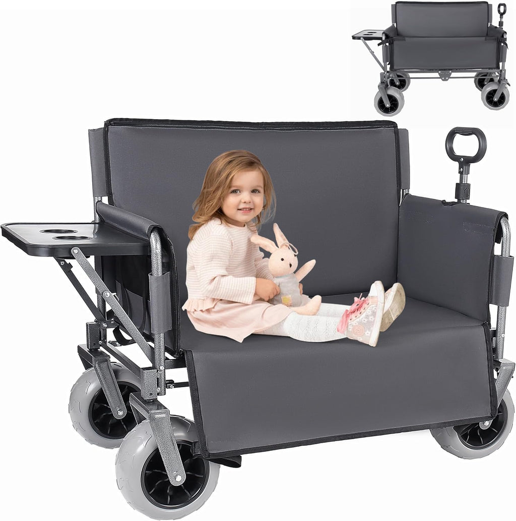 3-in-1 Heavy-Duty Folding Wagon with Bench Seat & Rear-Mounted Folding Tabletop – 500lbs Capacity, All-Terrain Beach Tires for Camping, Picnics, Outdoor Events (Gray)