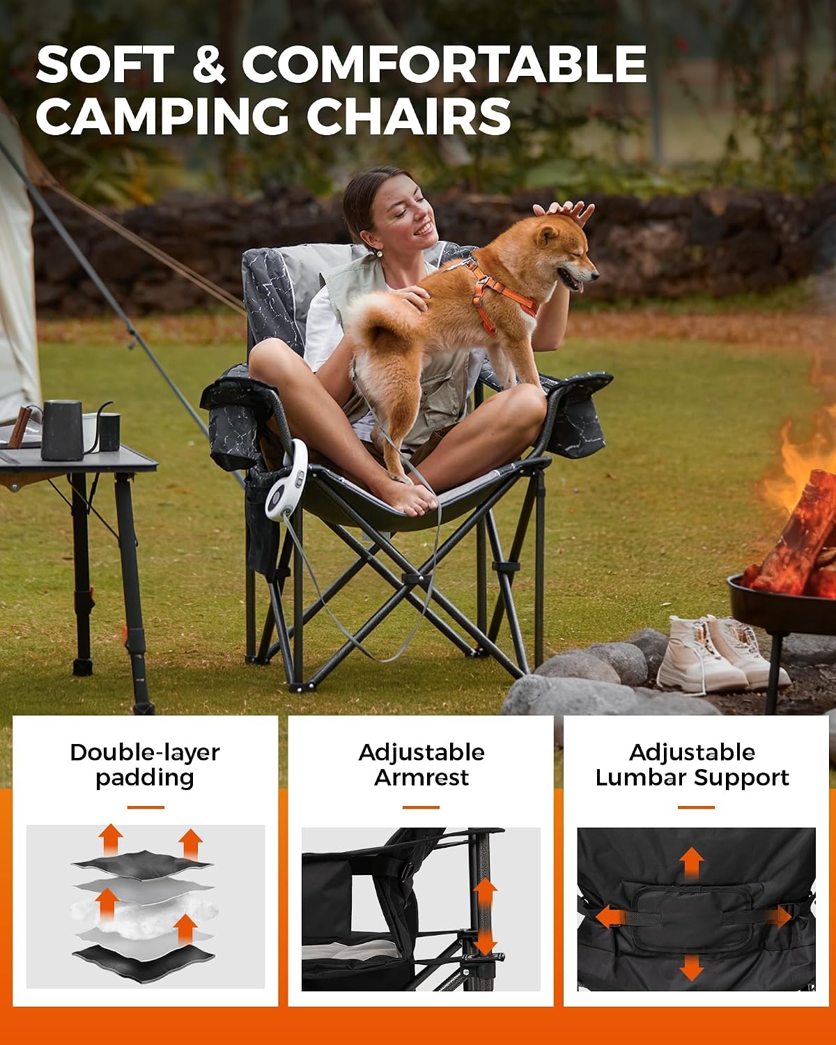 KingCamp Oversized Camping Chair with Adjustable Lumbar Support, 550lbs Heavy Duty Padded Folding Lawn Chair for Adults, Outdoor Armchair with Cooler Bag, Cup Holder & Side Pocket for Fishing, Travel