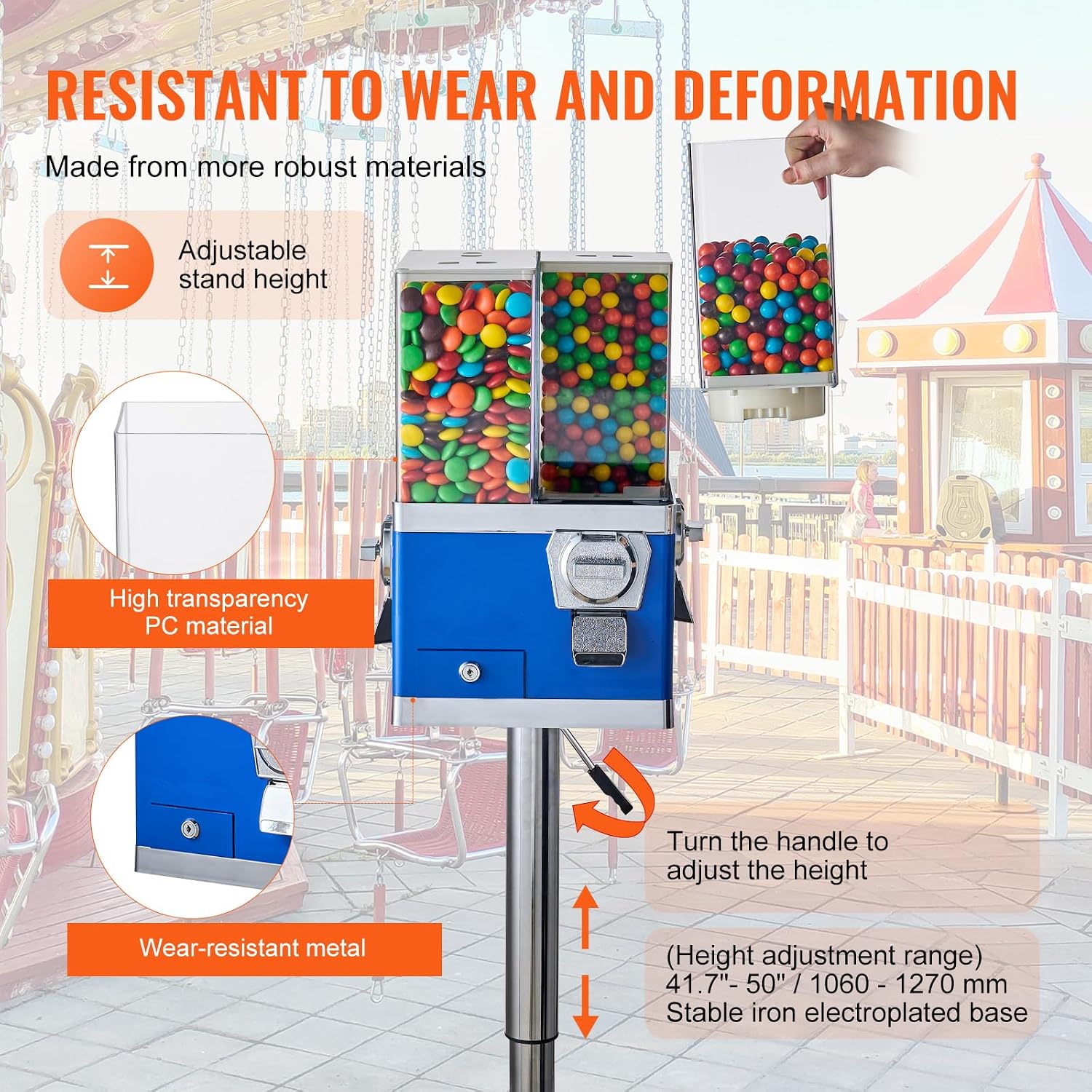 VEVOR Commercial Vending Machine, Four Compartment Rotatable Gumball and Candy Dispenser, Adjustable Height Coin Operated Candy Bank with Iron Stand, for Business Toy Capsules Bouncy Balls Nut, Blue