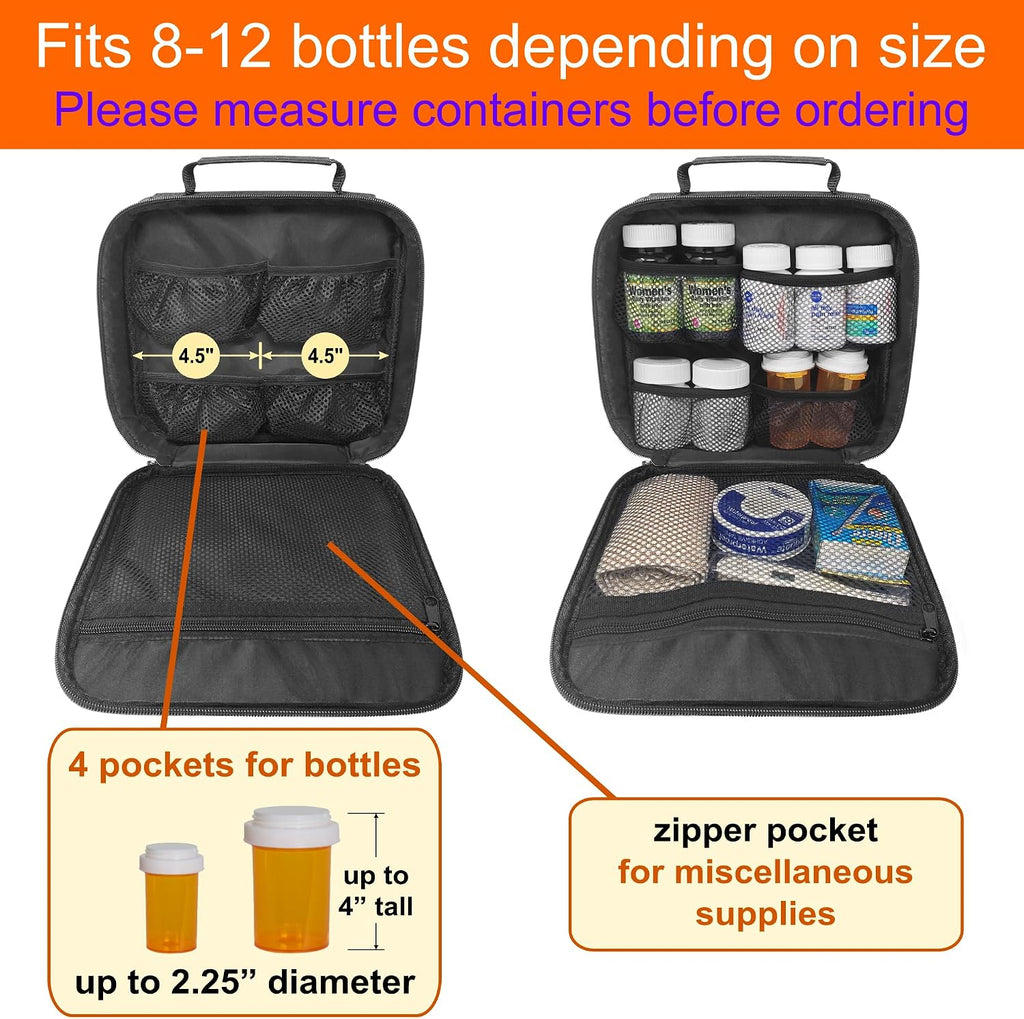 Pack of 10 - Medium Travel Pill Bottle Organizer, Medicine Bag, Carrier for Medications and Medical Supplies - Black (Without Lock)