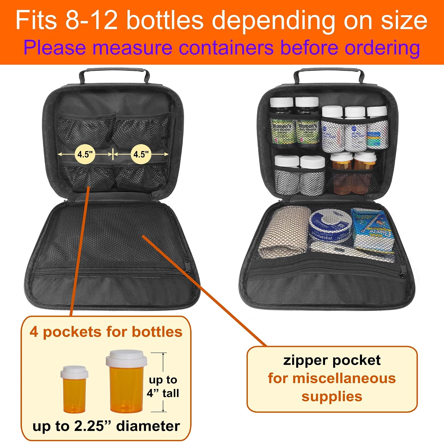 Pack of 10 - Medium Travel Pill Bottle Organizer, Medicine Bag, Carrier for Medications and Medical Supplies - Black (Without Lock)