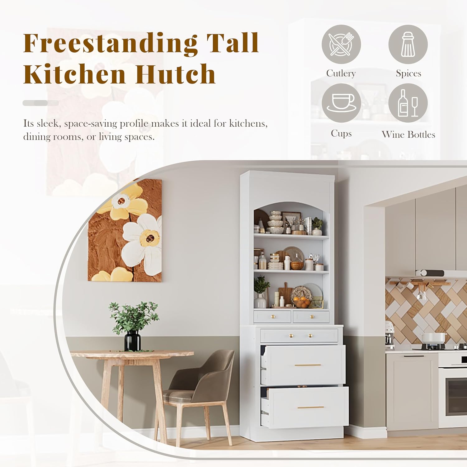 84' Modern Design Freestanding Storage Cabinet, Kitchen Storage Bakers Rack with Sturdy P2 MDF Frame, Utility Food Cupboard with 5 Storage Drawers for Kitchen/Dining Room/Living Space, White