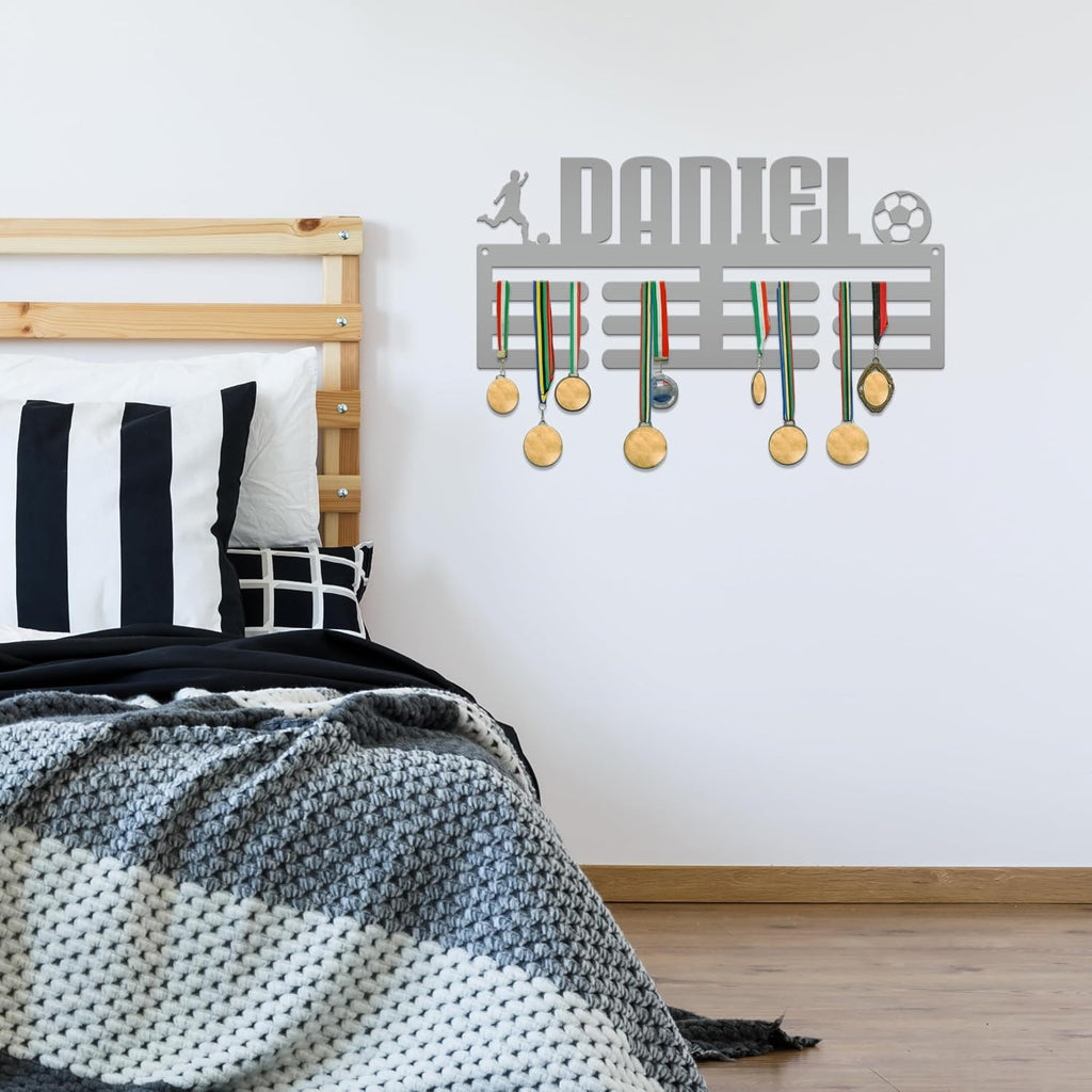 Medal Holder, Personalized Award Wall Rack, Metal Custom Name Hanging Display for Soccer Awards - Boys and Girls Sports Bedroom Sign (30 x 17 inches)