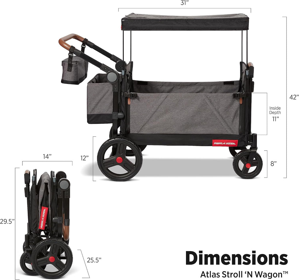 Radio Flyer Atlas Stroll 'N Wagon, Atlas Gray, for Ages 1+, 3-in-1 Push or Pull Versatility, One-Hand Fold, UV Canopy, 5-Point Harnesses, Storage Capabilities, Rubber Wheels, Stroller Wagon for Kids