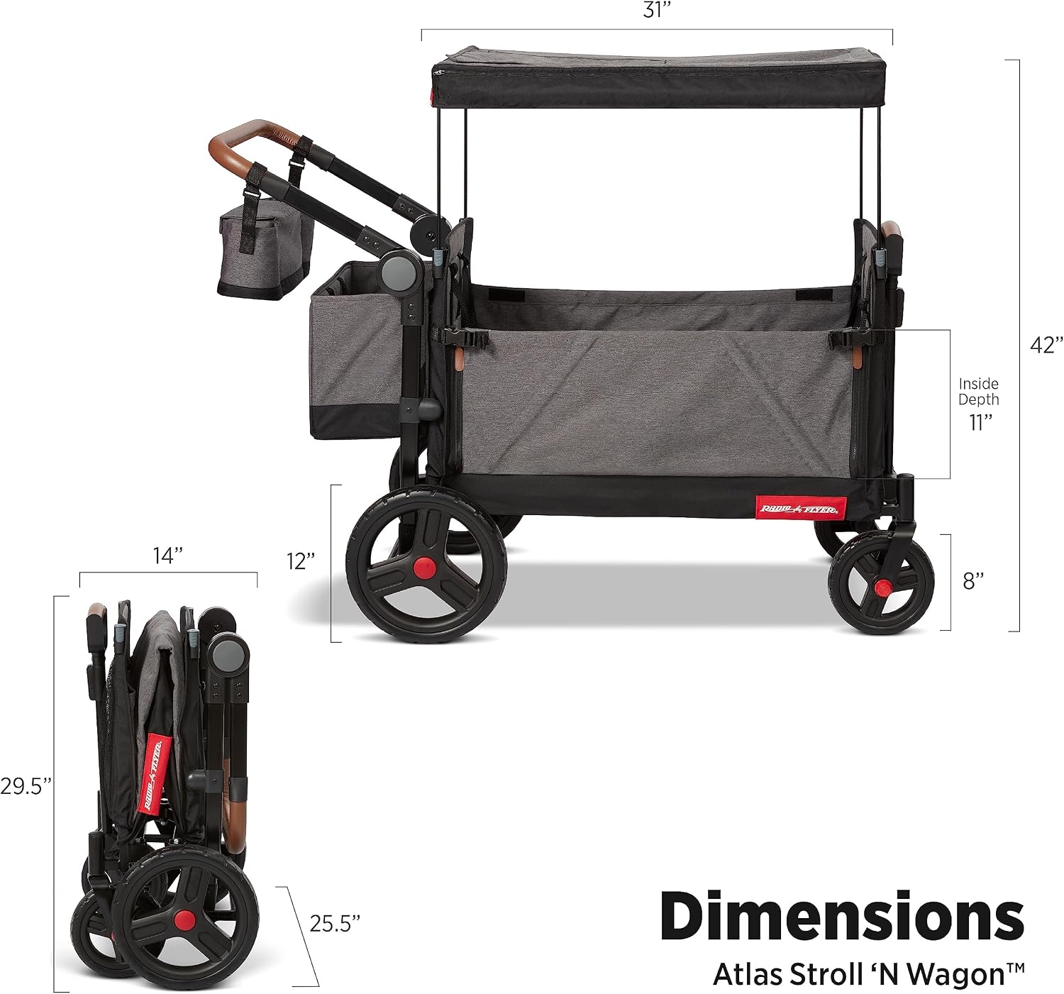 Radio Flyer Atlas Stroll 'N Wagon, Atlas Gray, for Ages 1+, 3-in-1 Push or Pull Versatility, One-Hand Fold, UV Canopy, 5-Point Harnesses, Storage Capabilities, Rubber Wheels, Stroller Wagon for Kids