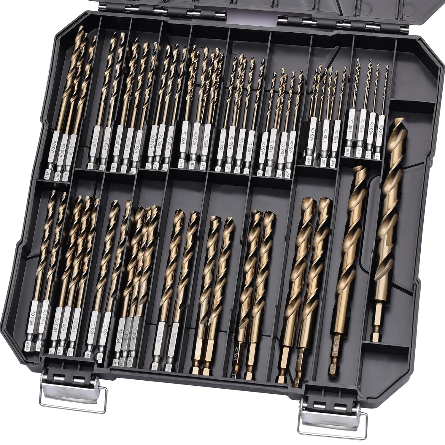Hex Shank Cobalt Drill Bit Set 63Pcs 1/16'-1/2', M35 HSS Twist Impact Drill Bits for Metal and Hardened Steel, with Indexed Storage Case