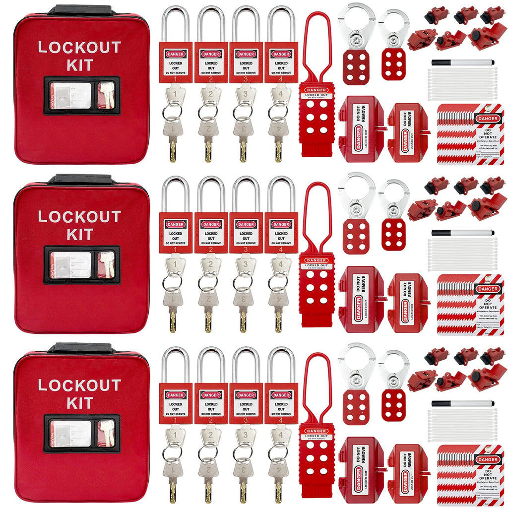 SAFBY 3-in-1 Lockout Tagout (Loto) Kit–Complete OSHA Safety Group Lock Out Hasps, Tag Out Clamp-On Circuit Breaker Lockout for Universal Multi- Pole Breaker Electrical Kits Station (3 Kits in 1)