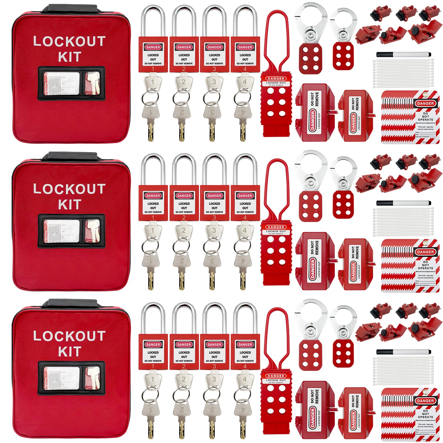 SAFBY 3-in-1 Lockout Tagout (Loto) Kit–Complete OSHA Safety Group Lock Out Hasps, Tag Out Clamp-On Circuit Breaker Lockout for Universal Multi- Pole Breaker Electrical Kits Station (3 Kits in 1)