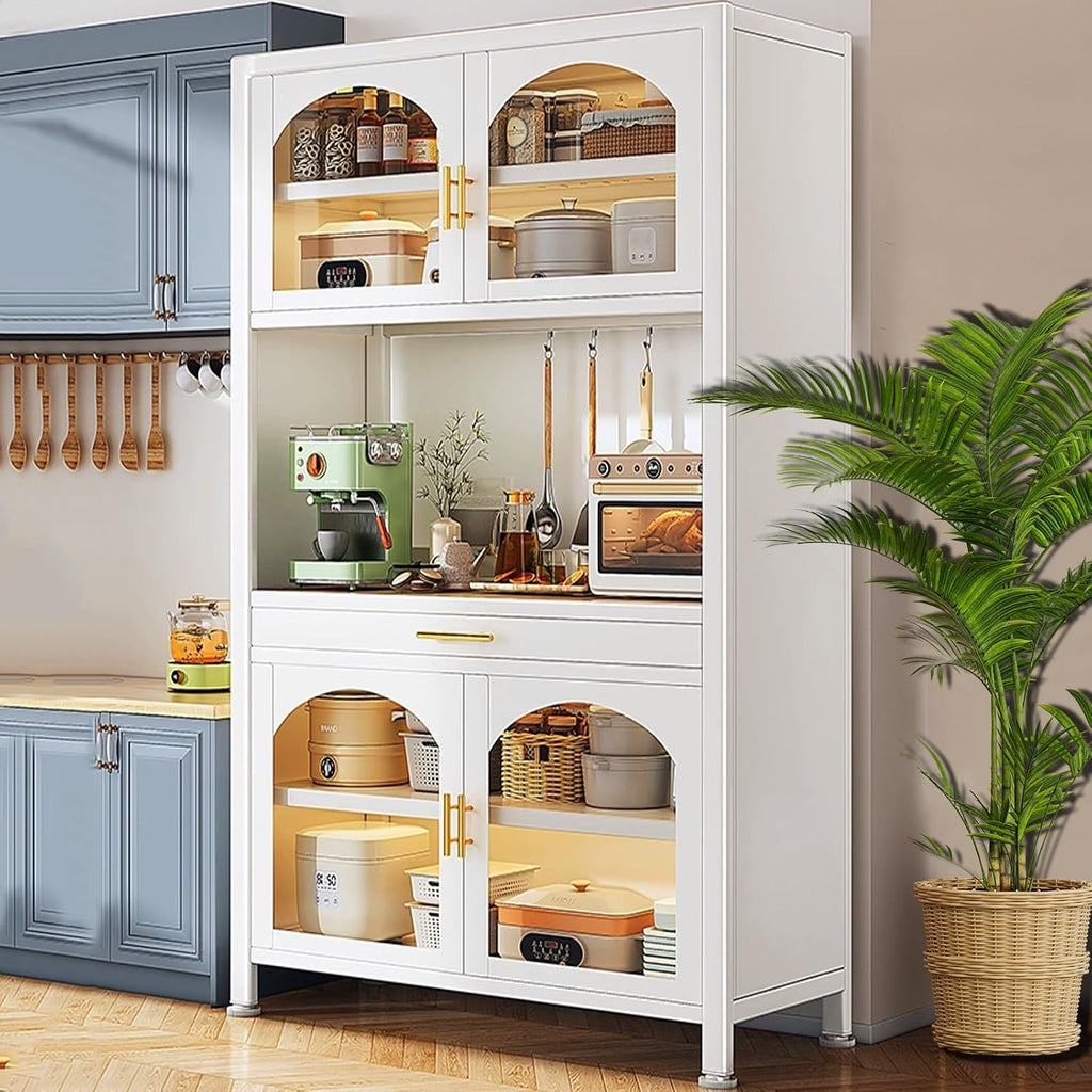 Kitchen Bakers Rack with Storage, Standing Kitchen Storage Rack with Drawer, Microwave Stand with 3 Hooks, Large Capacity(White,80cm)