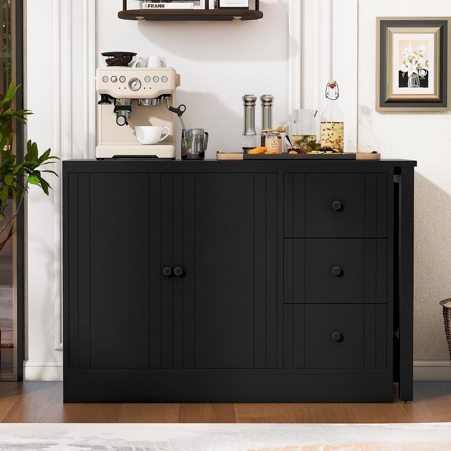90' Extendable Freestanding Storage Cabinet, Kitchen Storage Bakers Rack with Silent Slides, Utility Food Cupboard with Adjustable Shelf for Kitchen Living Room, Black