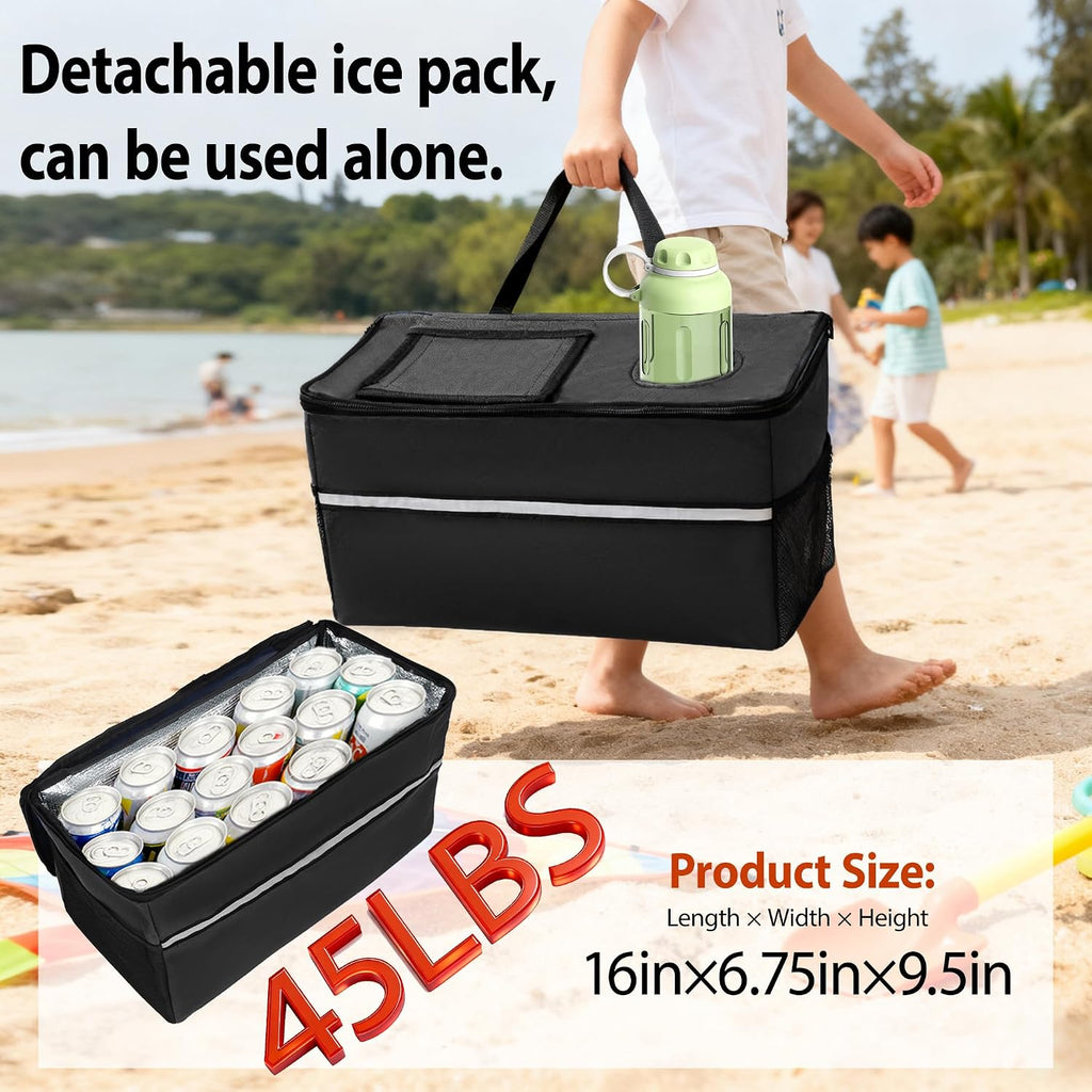 Black Collapsible Wagon with Bench Seat, Handle & All-Terrain Wheels, Steel Frame, Folding Camping Cart for Beach, Sports, Lawn, 37x24.02x40.94 in