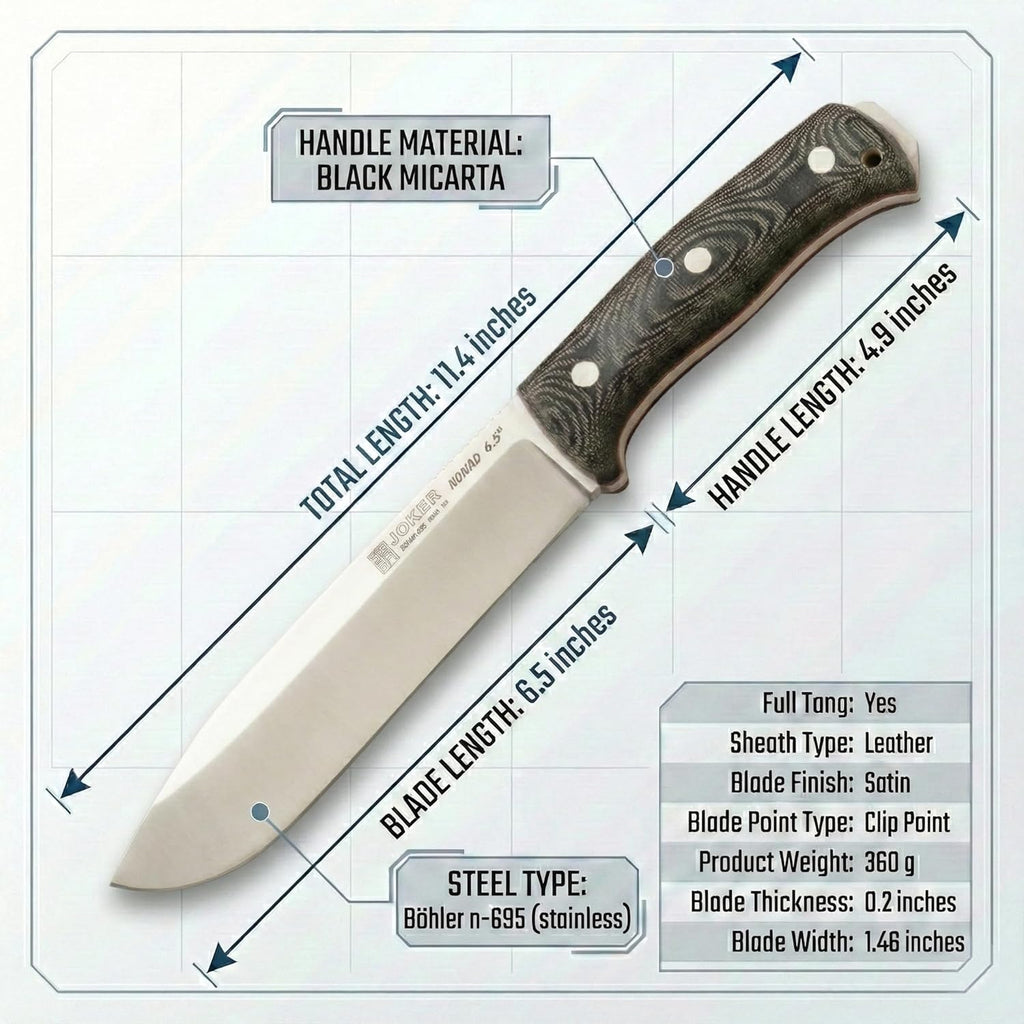 Joker Nomad 6.5 CM137-F Survival Knife, 6.5 in Böhler N695 Steel Blade, Black Micarta Handle, Kydex Sheath with Ferro Rod, Made in Spain, for trail use, shelter prep, food prep and hunting camps