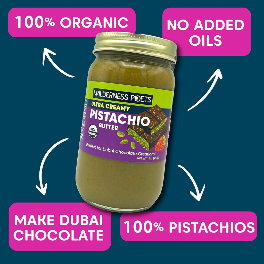 Wilderness Poets, Organic Ultra Creamy Pistachio Nut Butter - (640 Ounce - 40 Pound- 5 Gallon) - Unsweetened, Silky Smooth - Perfect for Dubai Chocolate-Inspired Creations. One ingredient