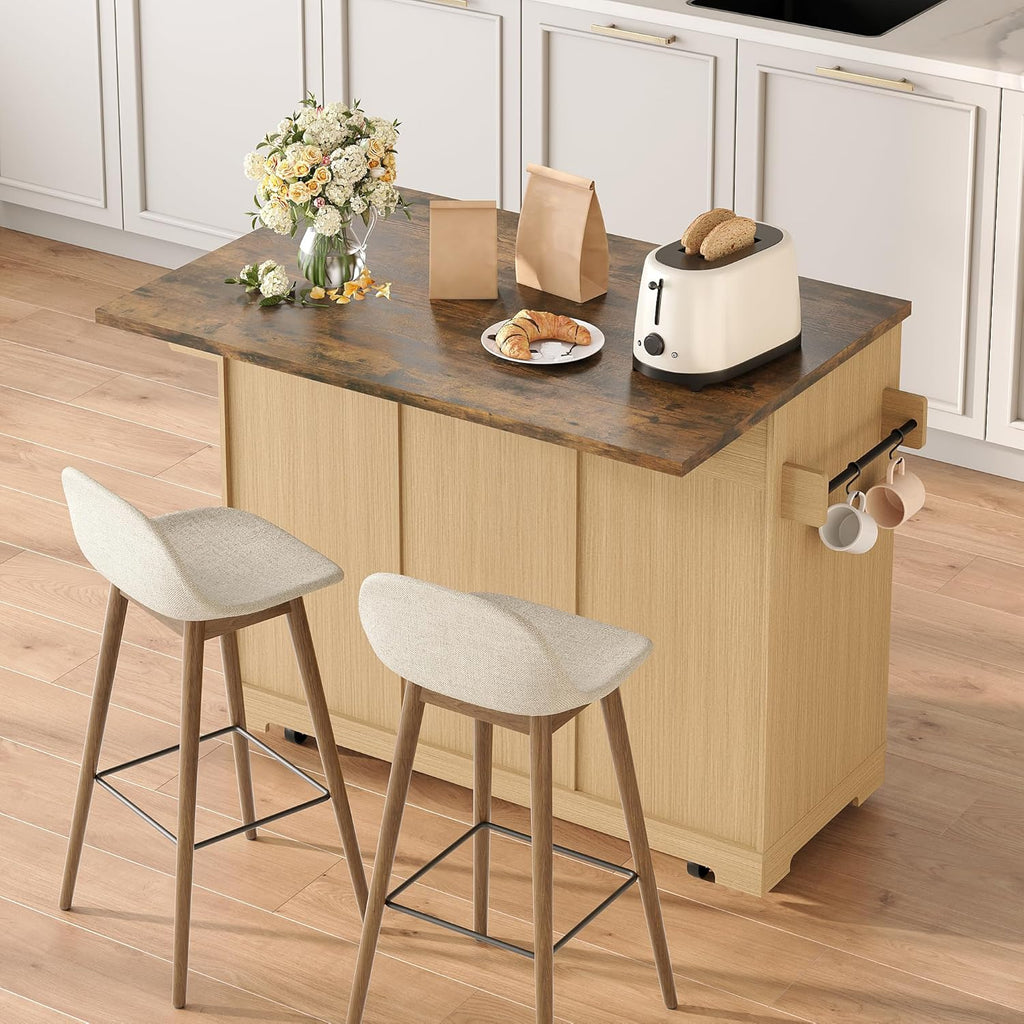Vabches Rolling Kitchen Island with Folding Drop Leaf,50'' Wine Cabinet with Storage, Buffet Cabinet on Wheels with Wine Rack for Kitchen, Bar Cart on Wheels with Fluted Design, Nautral