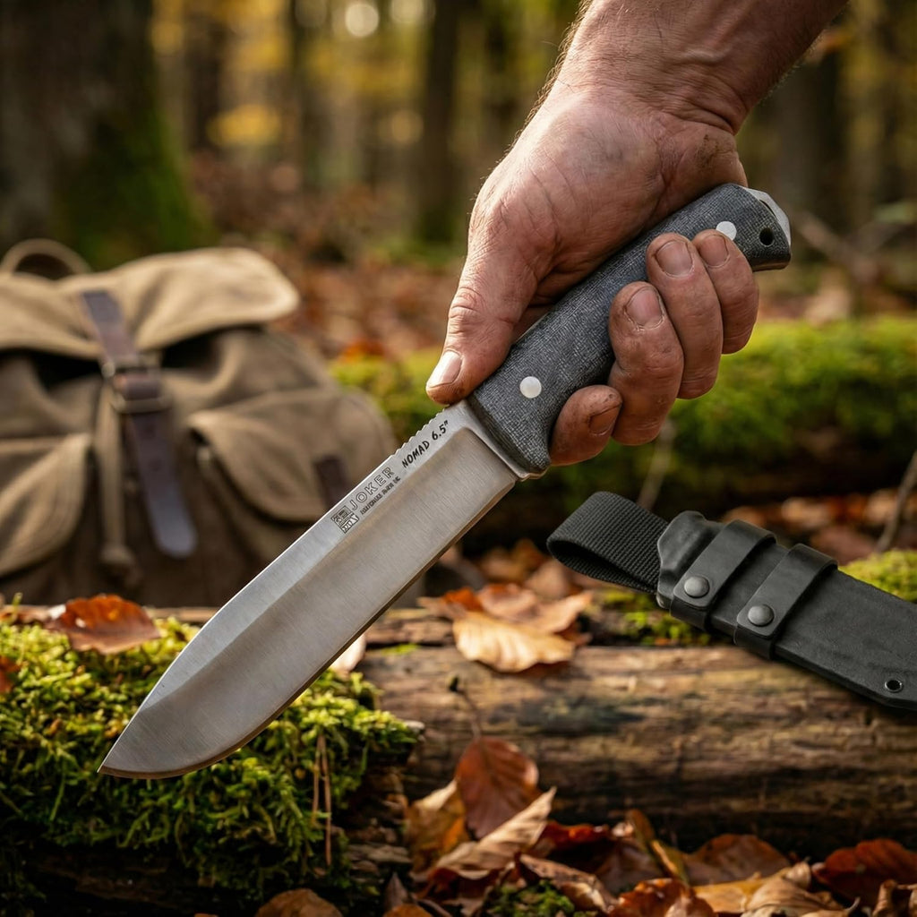 Joker Nomad 6.5 CM137-P Survival Knife, 6.5 in Böhler N695 Blade, Black Micarta Handle, Leather Sheath with Ferro Rod, Made in Spain, for backcountry travel, camp chores, fishing trips and bushcraft